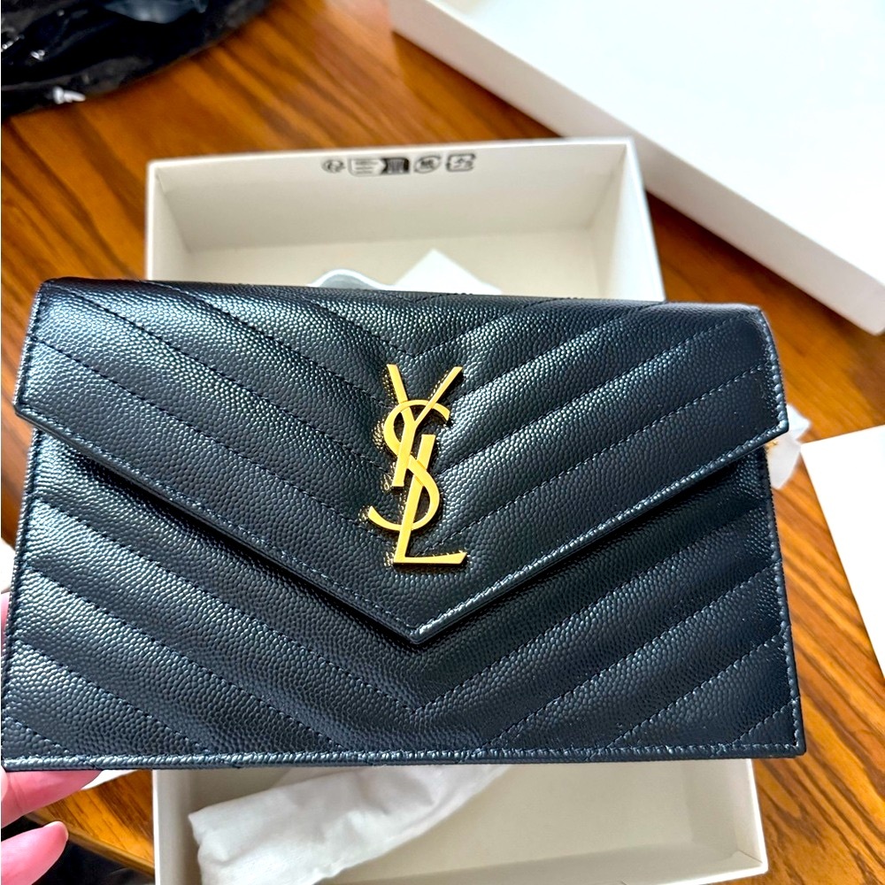 Cassandra Yves Saint Laurent Black Quilted Leather Envelope Clutch